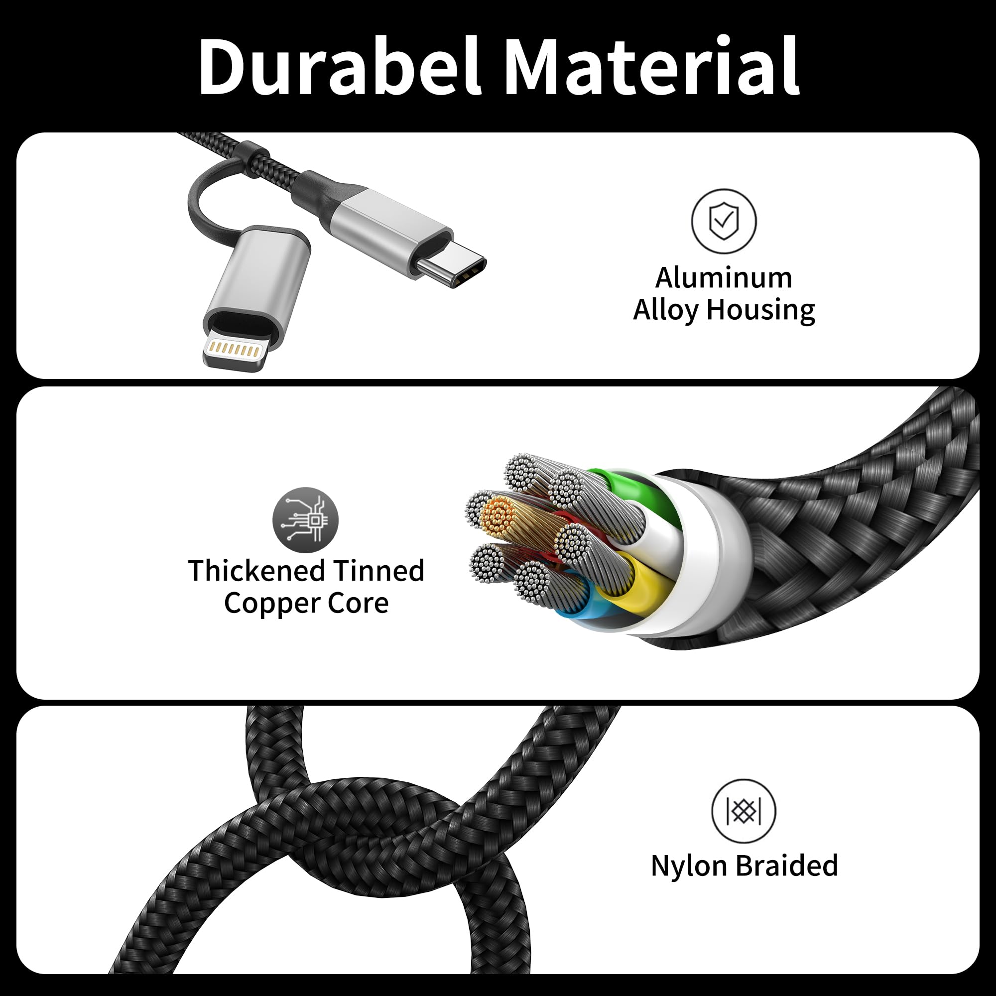 Kabel USB C 1,5 m, 2 w 1, kabel do szybkiego ładowania, USB A na USB typu C i kabel Lightning do ładowania iPhone'a, Samsung, Huawei, Xiaomi, OnePlus, Google, czarno-szary