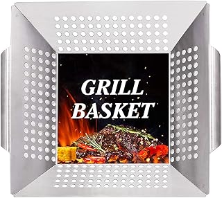 Panier Barbecue Viandes, Panier de Légumes à Griller, Panier à Grillades, Acier Inoxydable Panier Barbecue Antiadhésif avec Poignée pour Légumes, Viande, Camping, Pique-Nique, Fête, Festival (Argent)