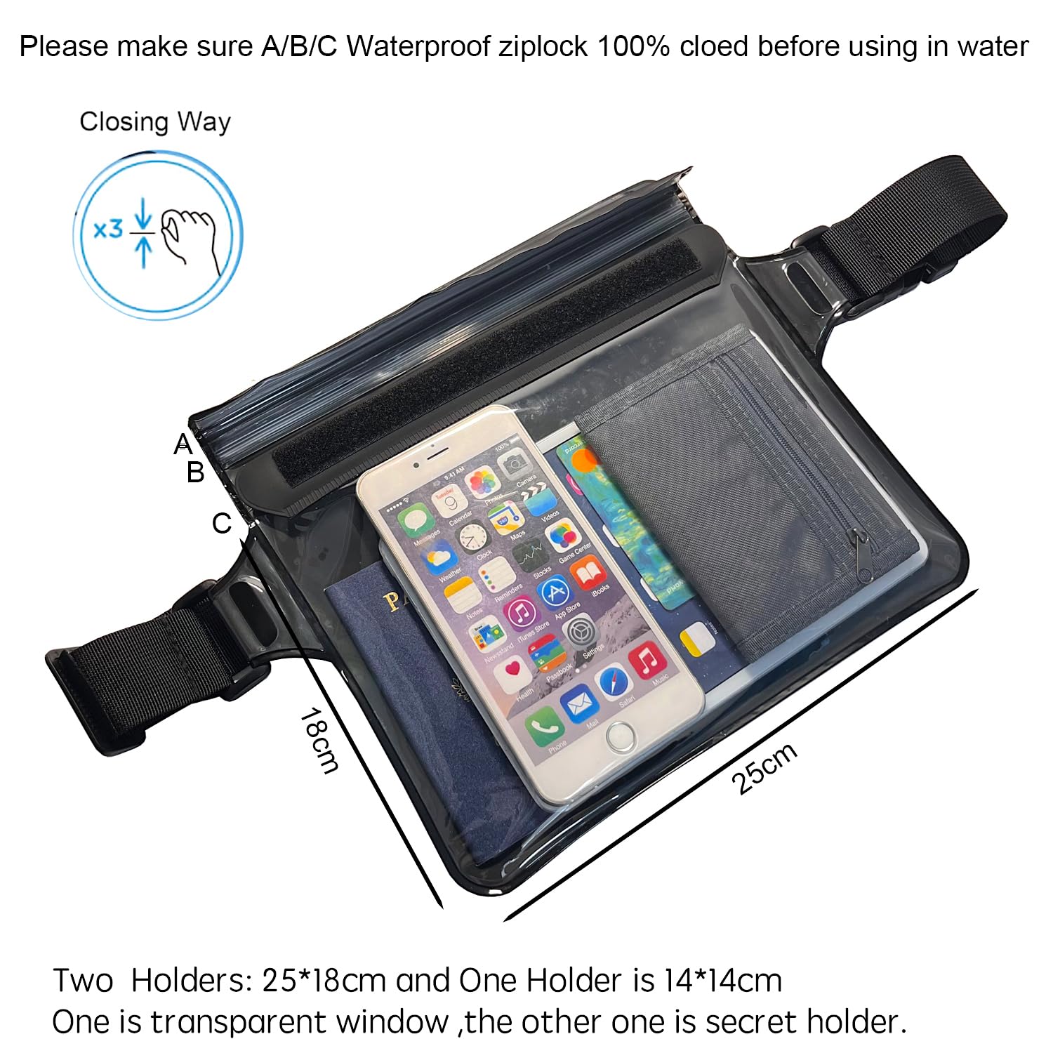 DRLOKPAK Waterproof Waist Pouch Fanny Pack Bum Bag Hip Pouch for Swim Surf Sail Snorkel Kayak Beach Pool to protect Wallet Passport Phone watch eReader mini tablet Dry (Black)