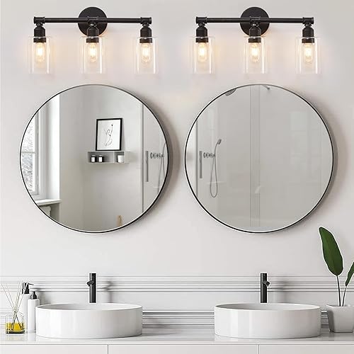 Miniatura 2 de Buevea Lámparas de baño de 3 luces, lámparas de tocador negras y doradas sobre el espejo, apliques de pared modernos con pantalla de vidrio