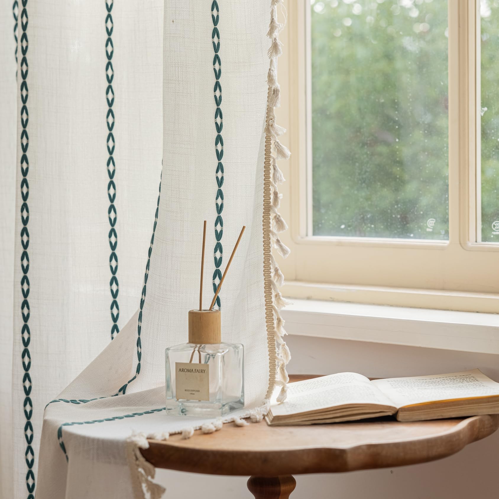 Lavyhuno Boho Linen Curtains for Bedroom Living Room Striped Embroidery Light Filtering Semi-Blackout Cotton Darkening Window Treatment with Tassels, Rod Pocket Drapes, 52W x 63L Inch, 1 Panel Green