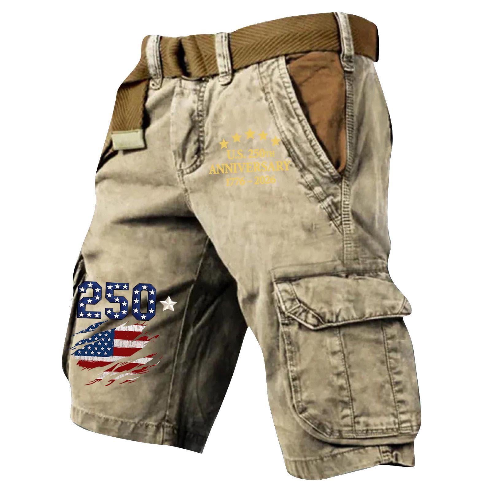 Shorts Homme Été Imprimé Style Décontracté Multi-Poches avec Drapeau Américain Coupe Droite sans Ceinture