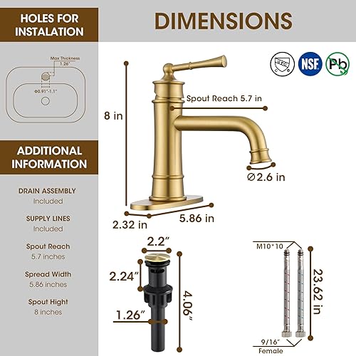 Miniatura 4 de Hangoro Grifo de baño, grifo dorado de una sola manija para fregadero de baño, válvula sólida y drenaje desplegable, grifos de baño táctiles para