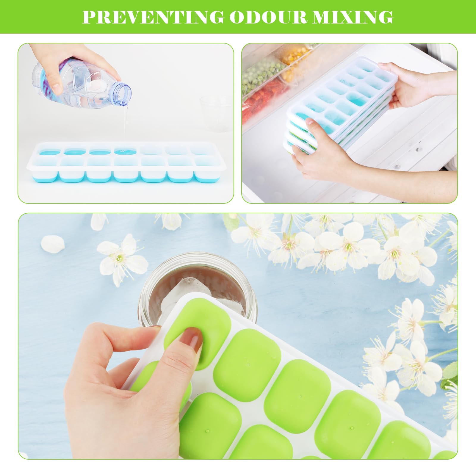 RISVOWO Cubiteras para Hielo con Tapa, 4 Piezas Moldes de Silicona Sin BPA y LFGB, 56 Moldes Hielo Apilables