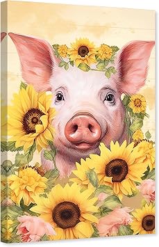 ARTZGX Pig Canvas Wall Art Funny Piggy Sunflowers Picture Farm Pink Animal Painting for Farmhouse Bathroom Wall Decor FramePig - C 12.00" x 18.00"