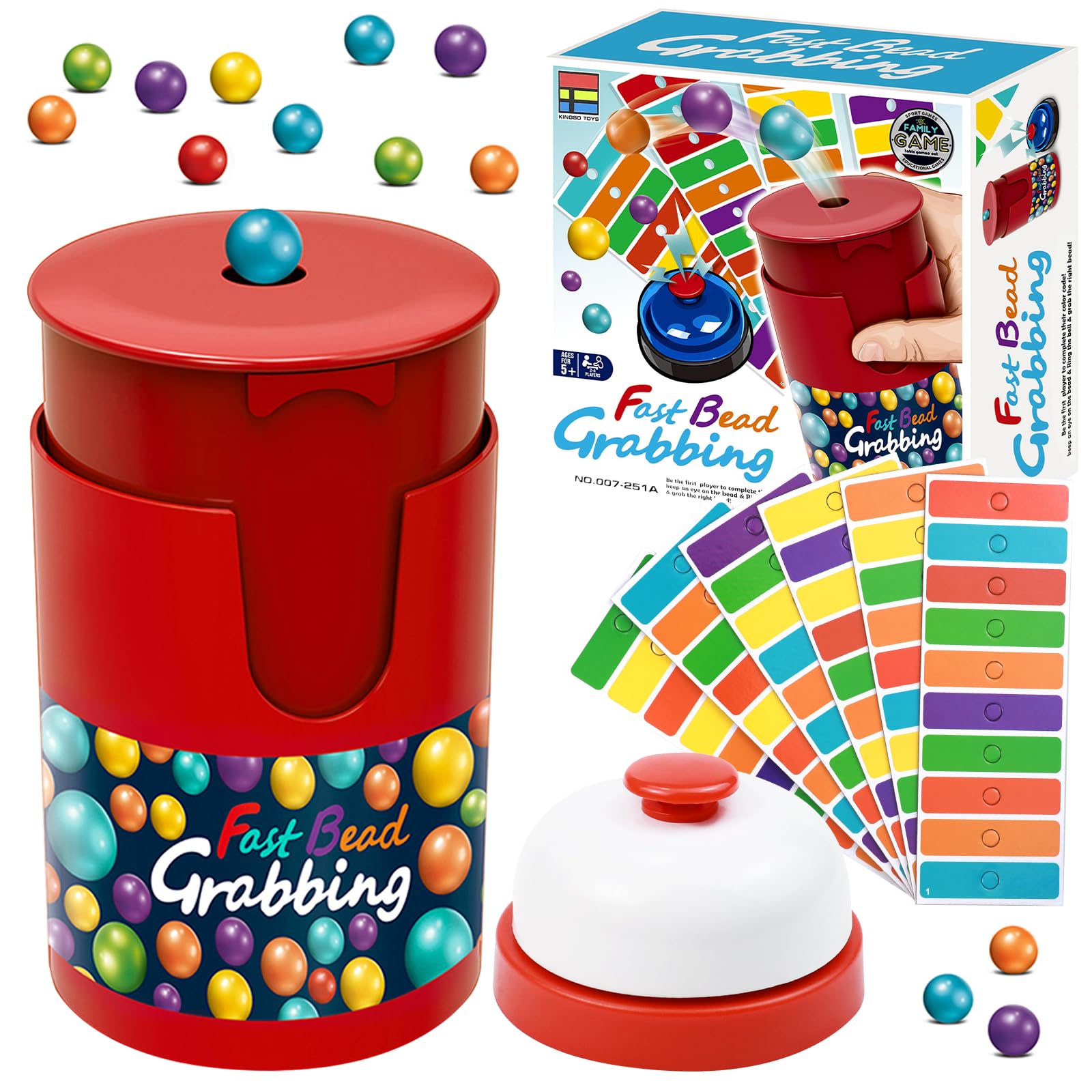 VLUVLA Match Color Bingo Game Set – Fast-Paced Color Reaction Game for Kids & Family, 90 Colorful Beads, 5 Bingo Cards, 1 Bell & Cup, Learning Game for Hand-Eye Coordination & Focus