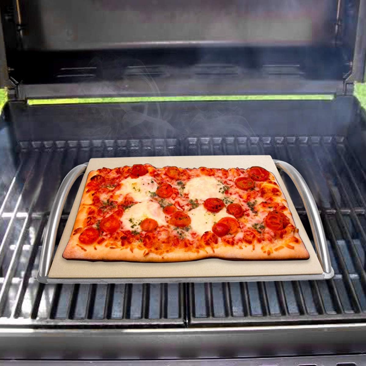 Skyflame 14" x 16" Pizza Grilling Stone with Metal Handle Rack & 14" x 16" Pizza Peel Kit : Patio, Lawn & Garden