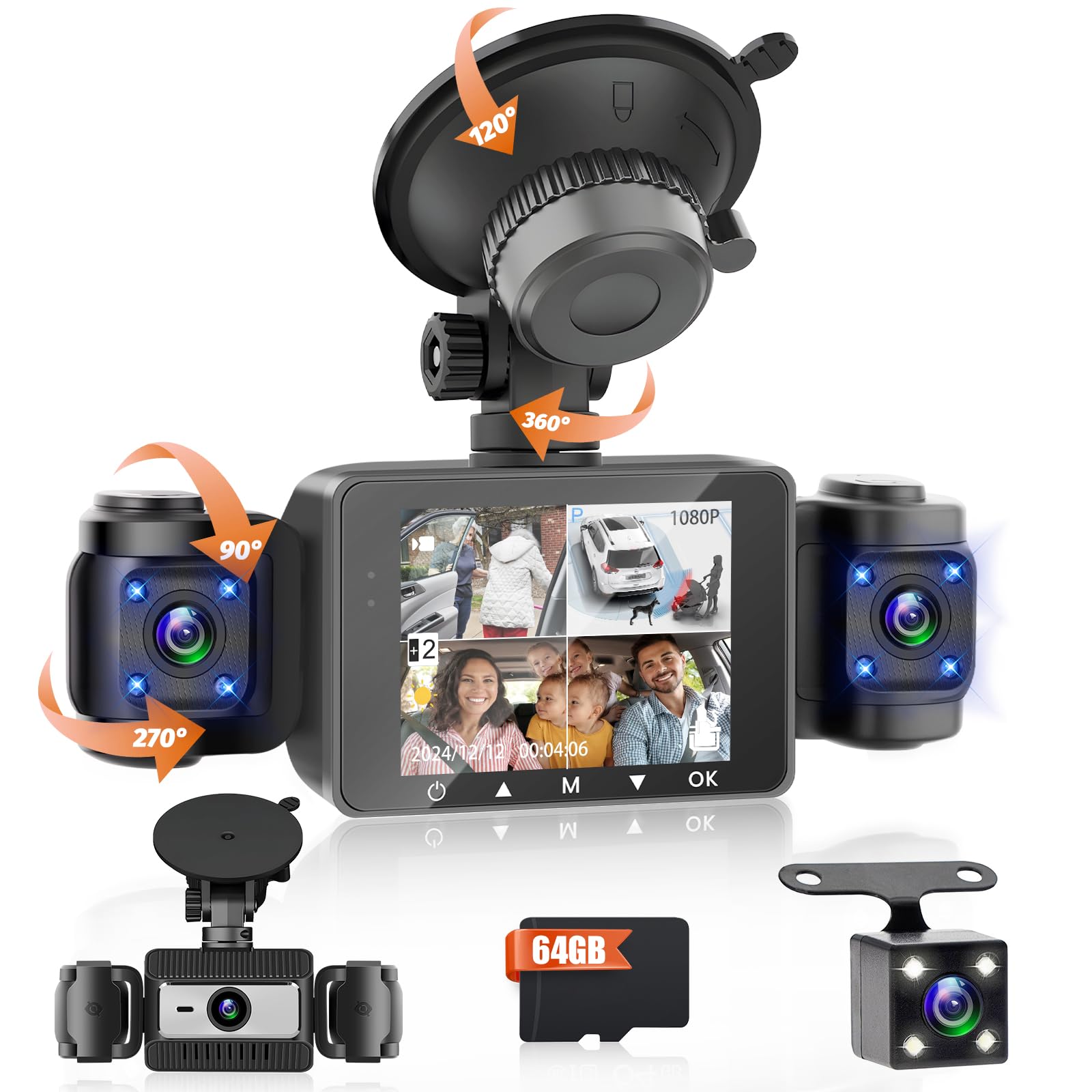 4 Channel Dash Cam 360° View, DashCam Front and Rear Left Right Inside Camera for Cars, with 64GB Card, Night Vision, Loop Recording, G-Sensor, 24H
