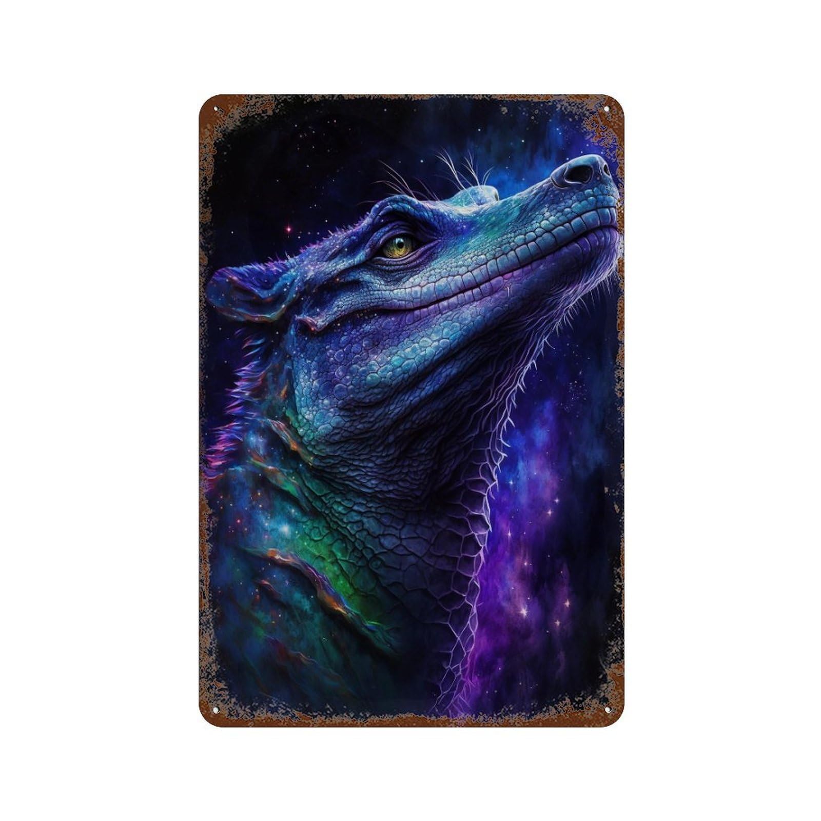 Garage Style Galactic Lizard Art Print-5 Aged Metal Wall Plaque 11.8"x7.9", Vintage Wall Decor for Bar And Workshop