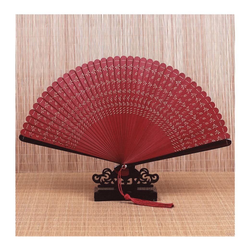NZPOST folding fans All Bamboo Hand Fan Hollowed Hand Held Folding Fans with Tassel for Wedding Decoration Birthday Home Dragonfly Pattern Hand Fans (Red)