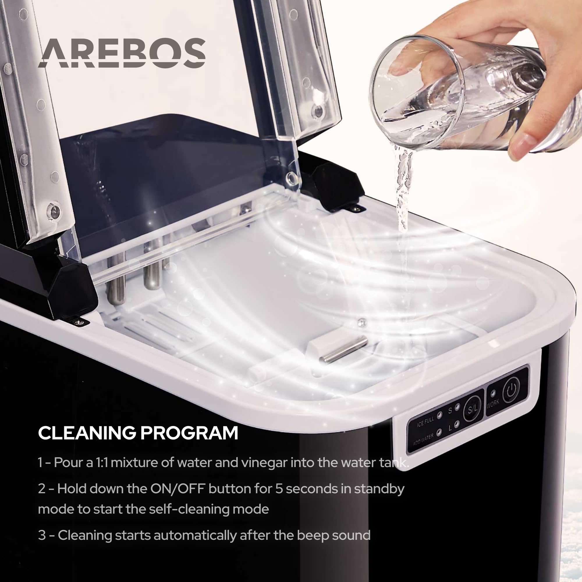 Arebos Macchina per cubetti di ghiaccio | 12 kg/24 h | 10-15 min. tempo di produzione | 2 dimensioni di cubetti di ghiaccio | 2.2 L serbatoio d'acqua | Macchina per cubetti di ghiaccio Nero