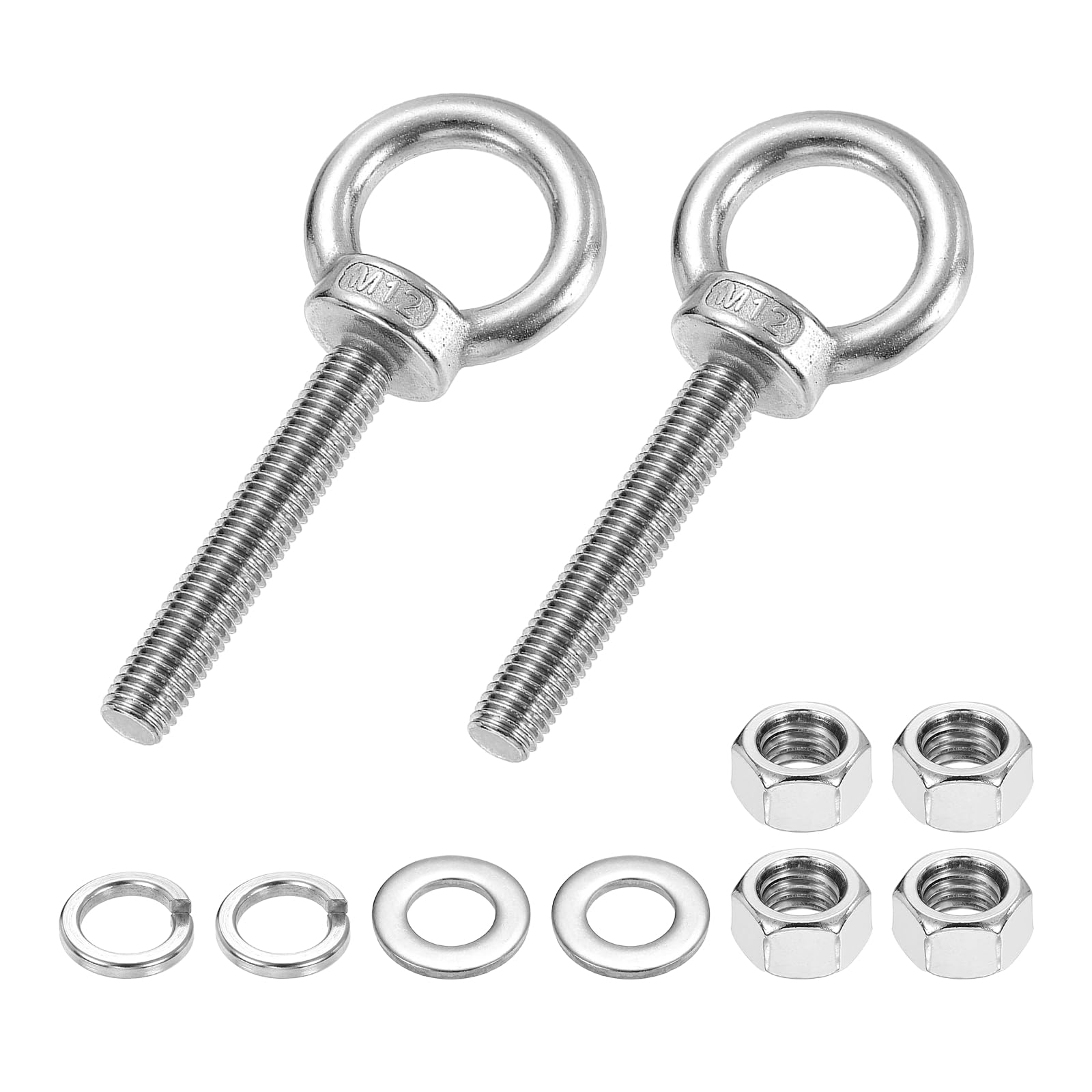 PATIKIL M12 x 70mm Eye Bolt, 2Pcs 304 Stainless Steel Thread Lifting Ring Set Shoulder Eyebolt with Lock Nuts Flat Washers for Hanging Hammocks Articles, Silver