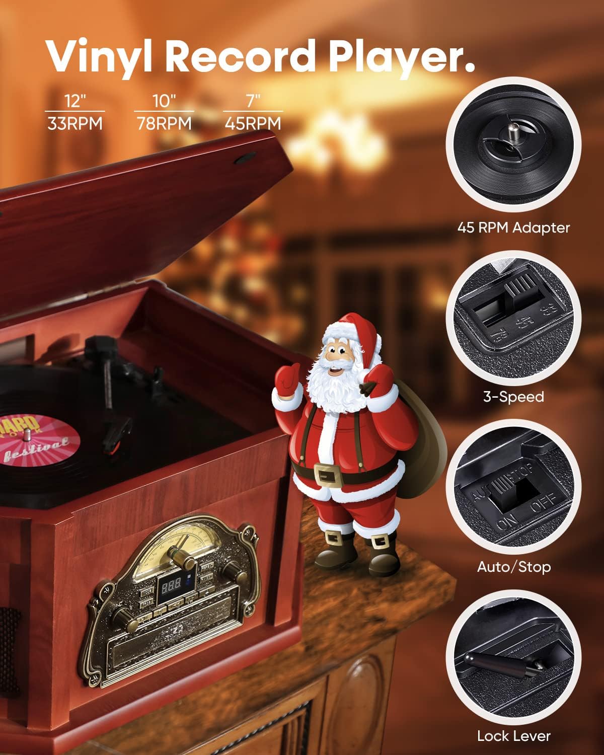 ORCC 10-in-1 Record Player with lid open, showing the turntable and front controls