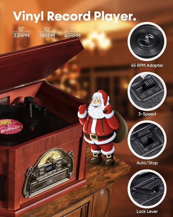 ORCC 10-in-1 Record Player, Nostalgic Turntable for Vinyl Record with Bluetooth, 2 Built-in Speakers, CD, Cassette, AM/FM Radio, USB, SD Slot, Remote Control