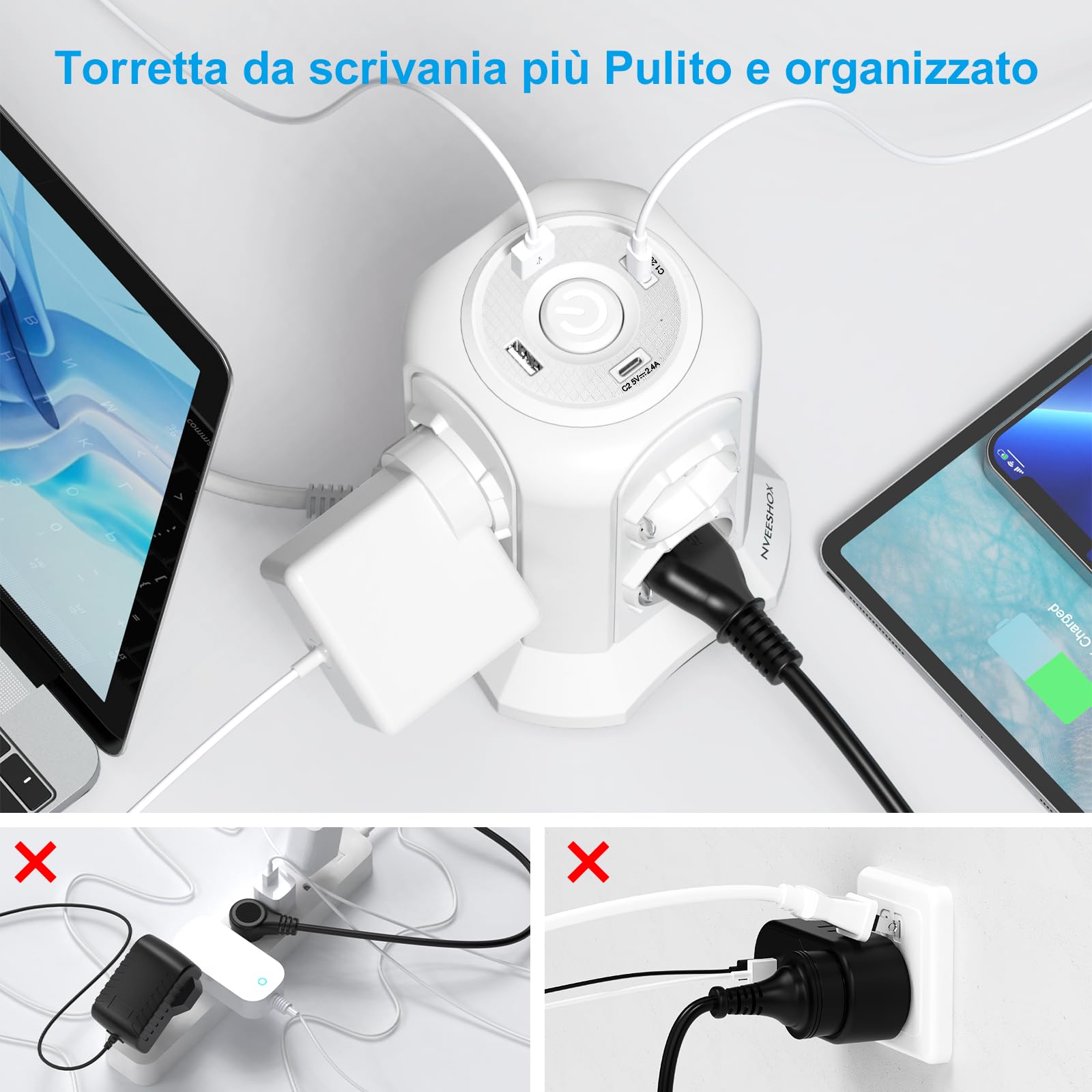 NVEESHOX Multiprise avec 8 prises universelles ITA 10/16 A et Schuko, 2 USB-C et 2 USB-A (20 W PD3.0), 4000 W/16 A, tour de protection surtension avec interrupteur, 2 m câble (blanc)