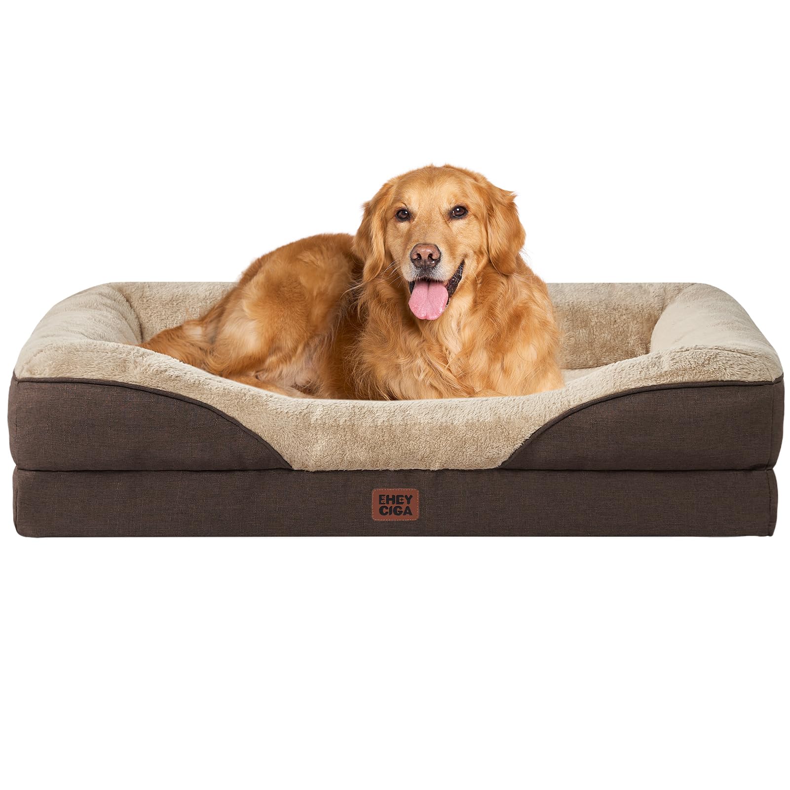 EHEYCIGA Memory Foam Cuccia Cane Interno Taglia Grande, Impermeabile Divano per Cani Sfoderabile e Lavabile, Letto per Cani con 4 Bordi Rialzati, Marrone, 106.5x76x18.5cm