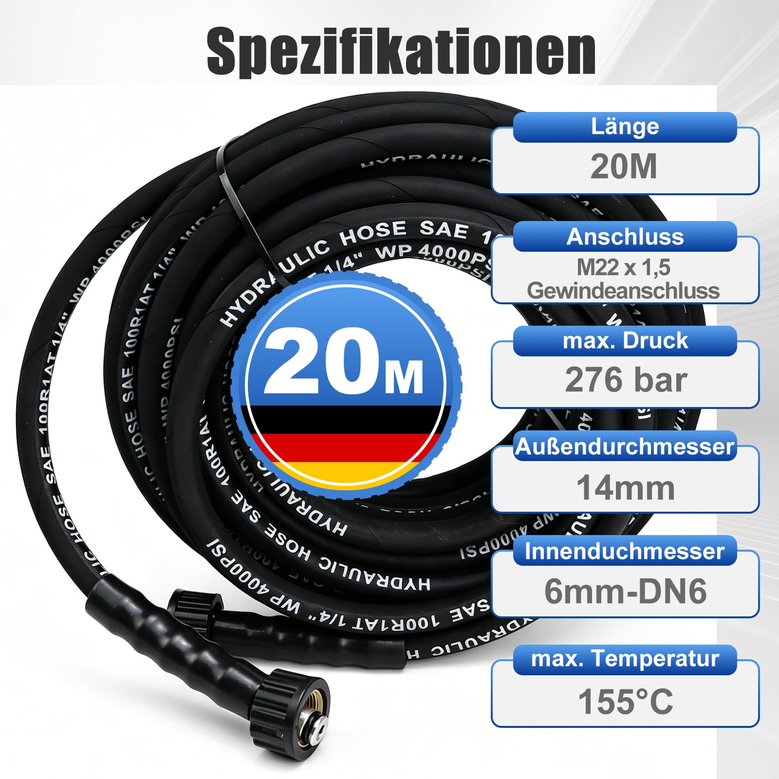 20 m Hochdruckreiniger Schlauch M22 x 1,5, 276 bar Hochdruckreiniger Verlängerungsschlauch, Gummischlauch mit Stahlgeflecht, knickfester Hochdruck-Ersatzschlauch mit M22x1,5 mm männlicher Verbinder