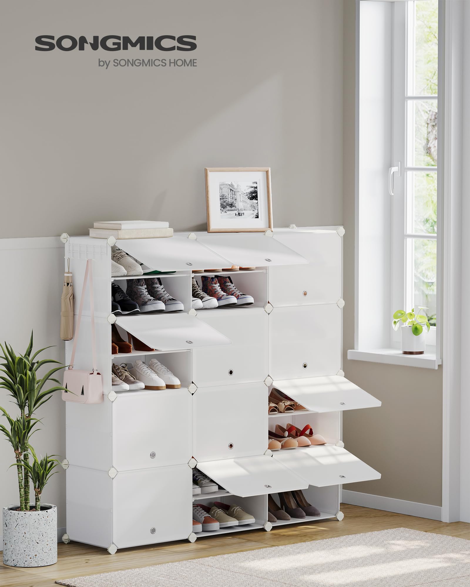 SONGMICS Mueble Zapatero Plástico, 12 Compartimentos para 48 Pares de Zapatos, con Puertas, Estructura de Acero y Estantes de Plástico, Armario para Dormitorio, Blanco Nube LPC040W02 | 30 x 40 x 30 cm por compartimento, acero, plástico PP, plástico ABS, D
