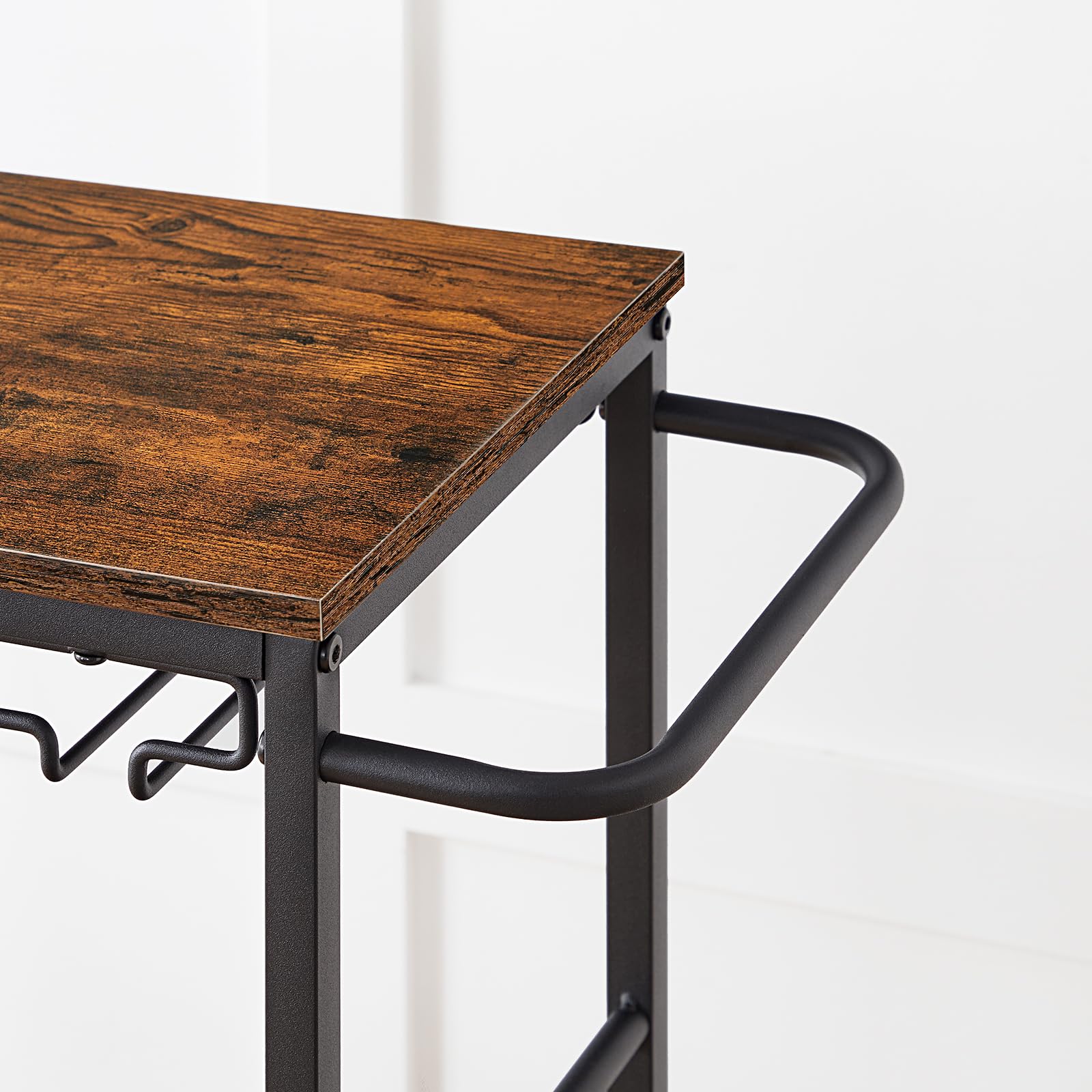 Keukentrolley op Wieltjes - Serveerwagen - Trolley - Bijzettafel op Wieltjes - 3 planken met Haakjes en Wijnaccessoires - Bruin
