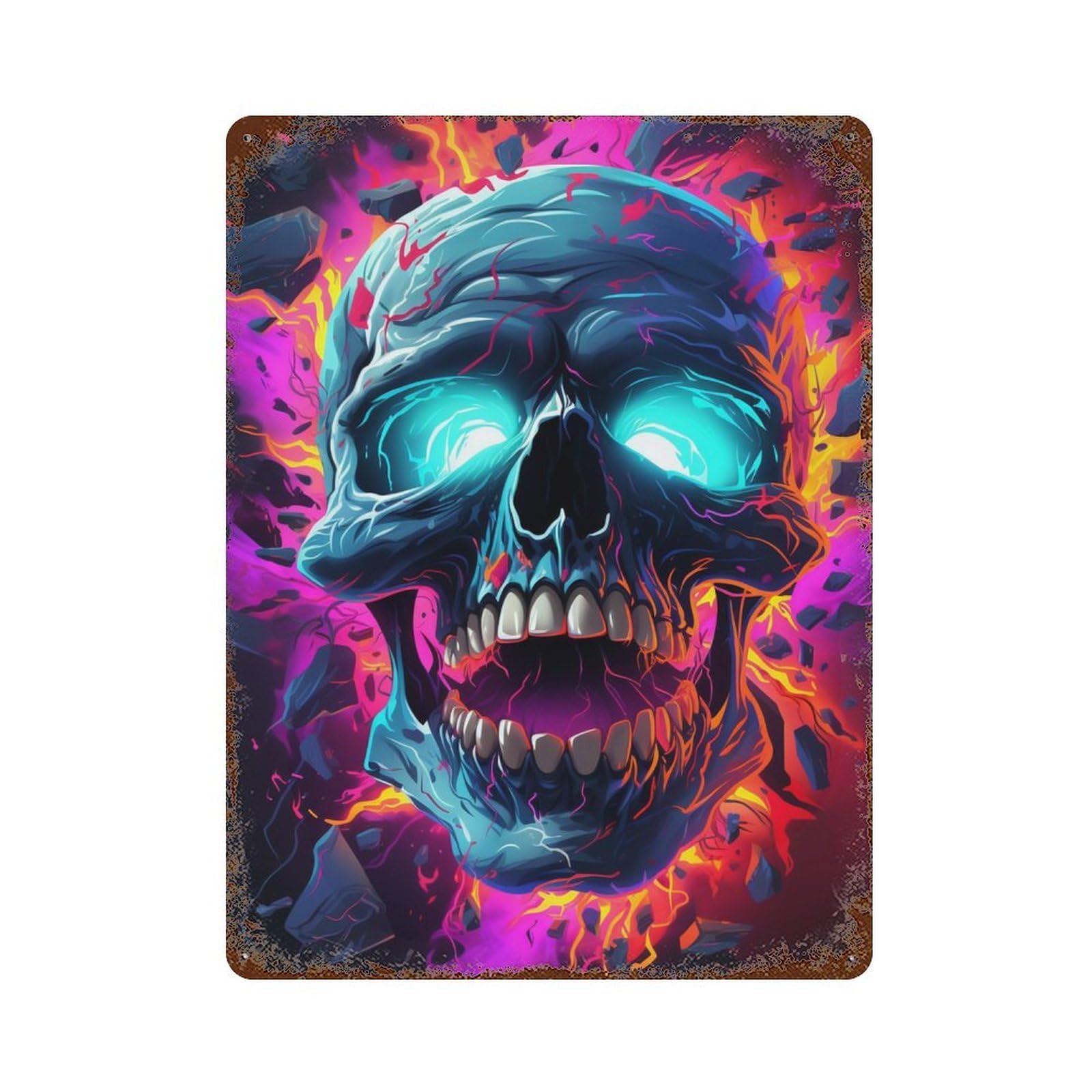 Vibrant Skull Artwork Weathered Tin Sign 15.7"x11.8", Rustic Home Decor for Garage, Pub Or Kitchen