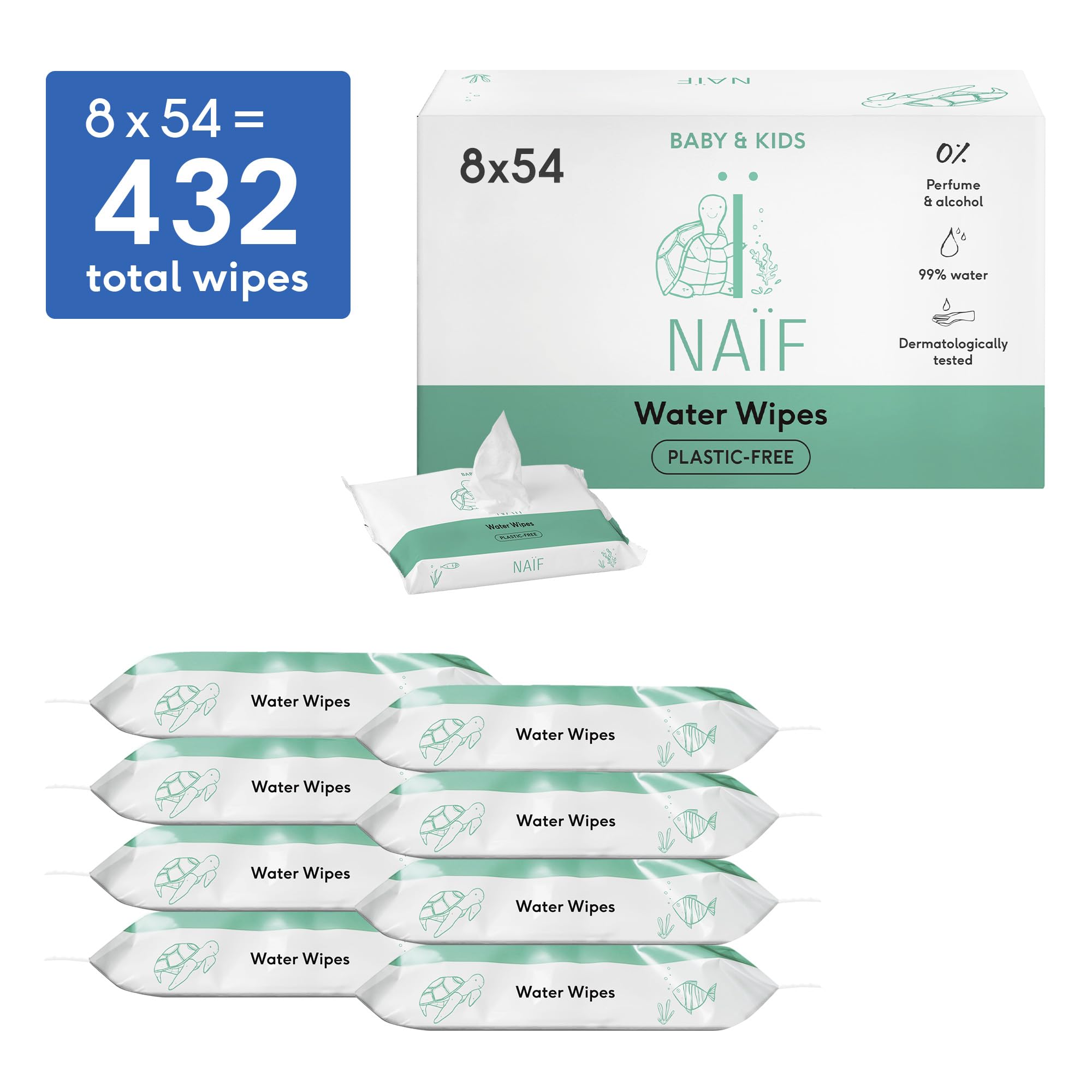 Naïf - Salviette senza plastica - 432 pezzi (8 confezioni da 54 salviette ciascuna) - Cura del sederino, del corpo e del viso del bambino - 99% acqua - 0% profumo e alcol
