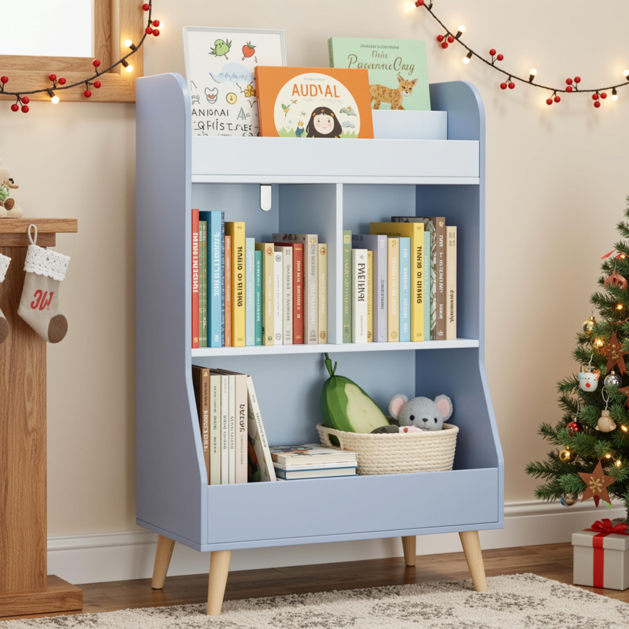 MAMIZO Estantería Infantil 5 Estantes,Mueble Juguetes Organizador, Estantería Montessori,Librería Infantil,para Guardería Sala de Juegos,con 2 Estantes, 3 Compartimentos,94 × 62 × 34 cm,Azul
