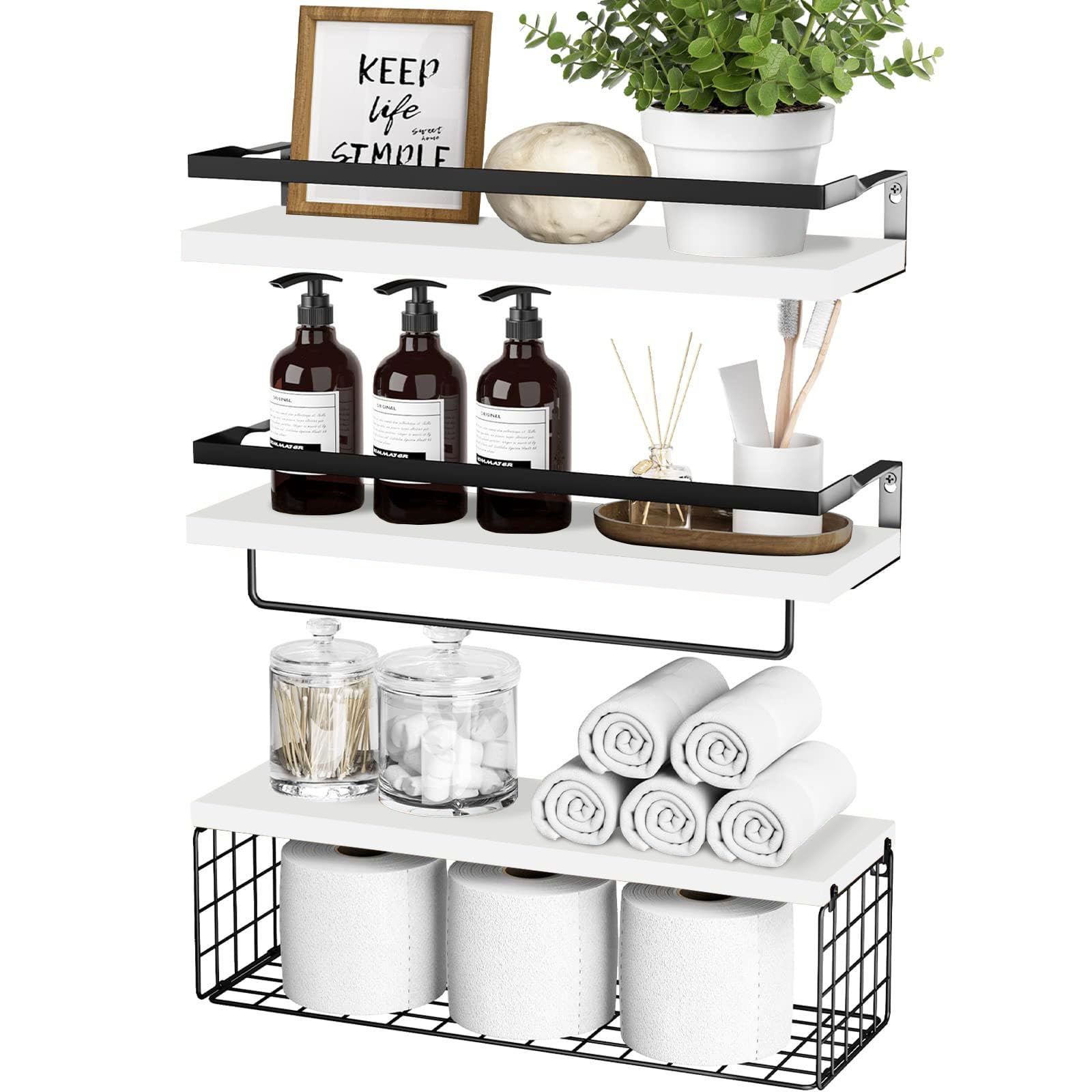 Floating Shelves with Storage Basket, Bathroom Shelves Over Toilet Paper Holder Storage Shelves, Wall Mounted Rustic Wood Shelves for Bathroom, Bedroom, Living Room, Kitchen(White, Set of 3)