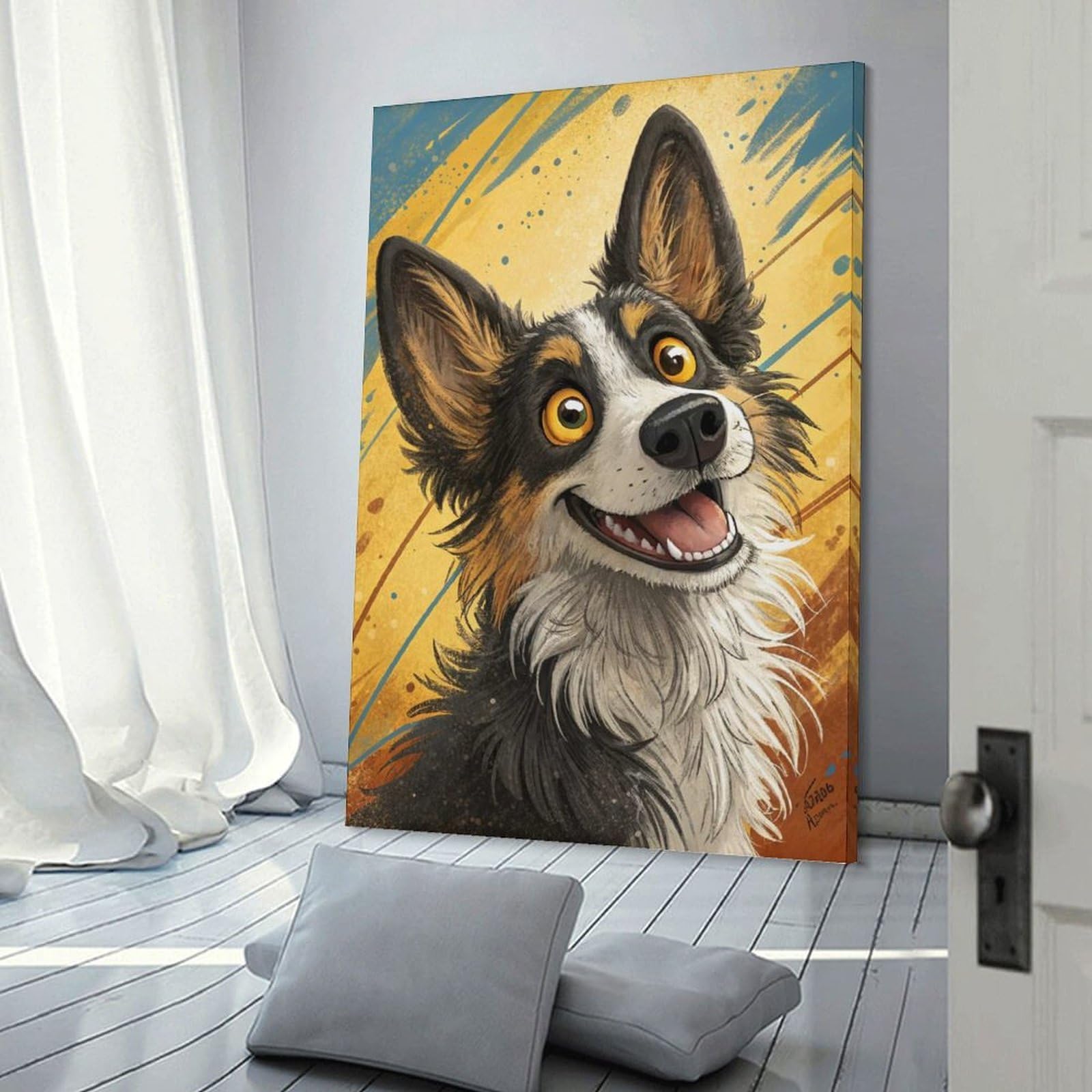 Junmoney Canvas Wall Decor Happy Dog Portrait, 24x36inch(60x90cm), for Bedroom Decor, Cosy Corners Or Studios, Decorative Wall Art for Cosy Rooms