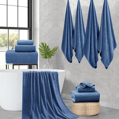 Miniatura 6 de Juego de 8 toallas de baño azul marino, 2 toallas grandes de baño extragrandes, 2 toallas de mano y 4 toallitas - Juego de toallas de lujo suaves de