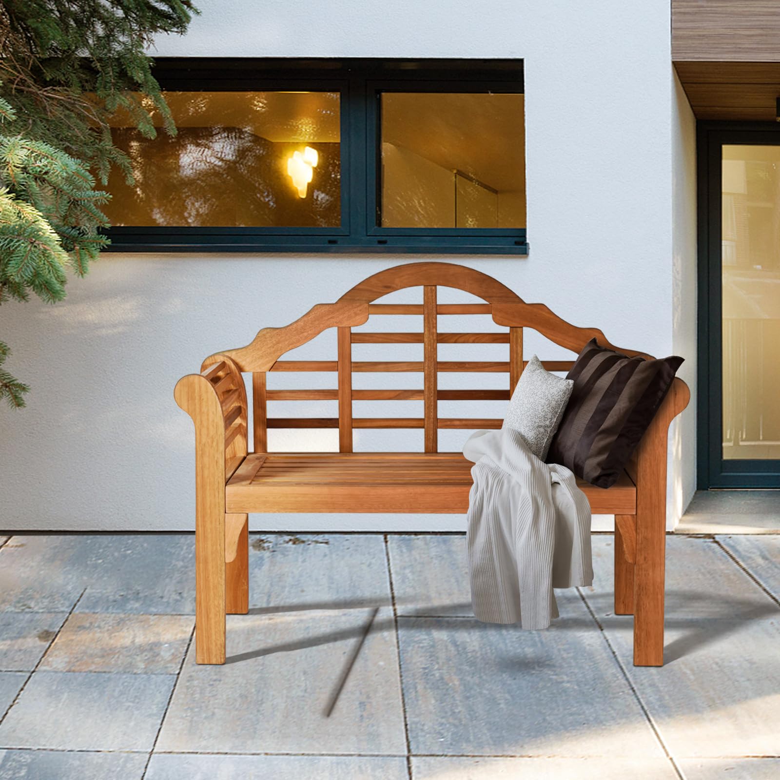 KOMFOTTEU Banc de Jardin 2 Places, Design Pliable, Banquette de Parc en Bois d'Acacia, Charge Maximum de 360 kg, Banc d’Extérieur, idéal pour Balcon, Terrasse, 123 x 54 x 96 cm, Naturel