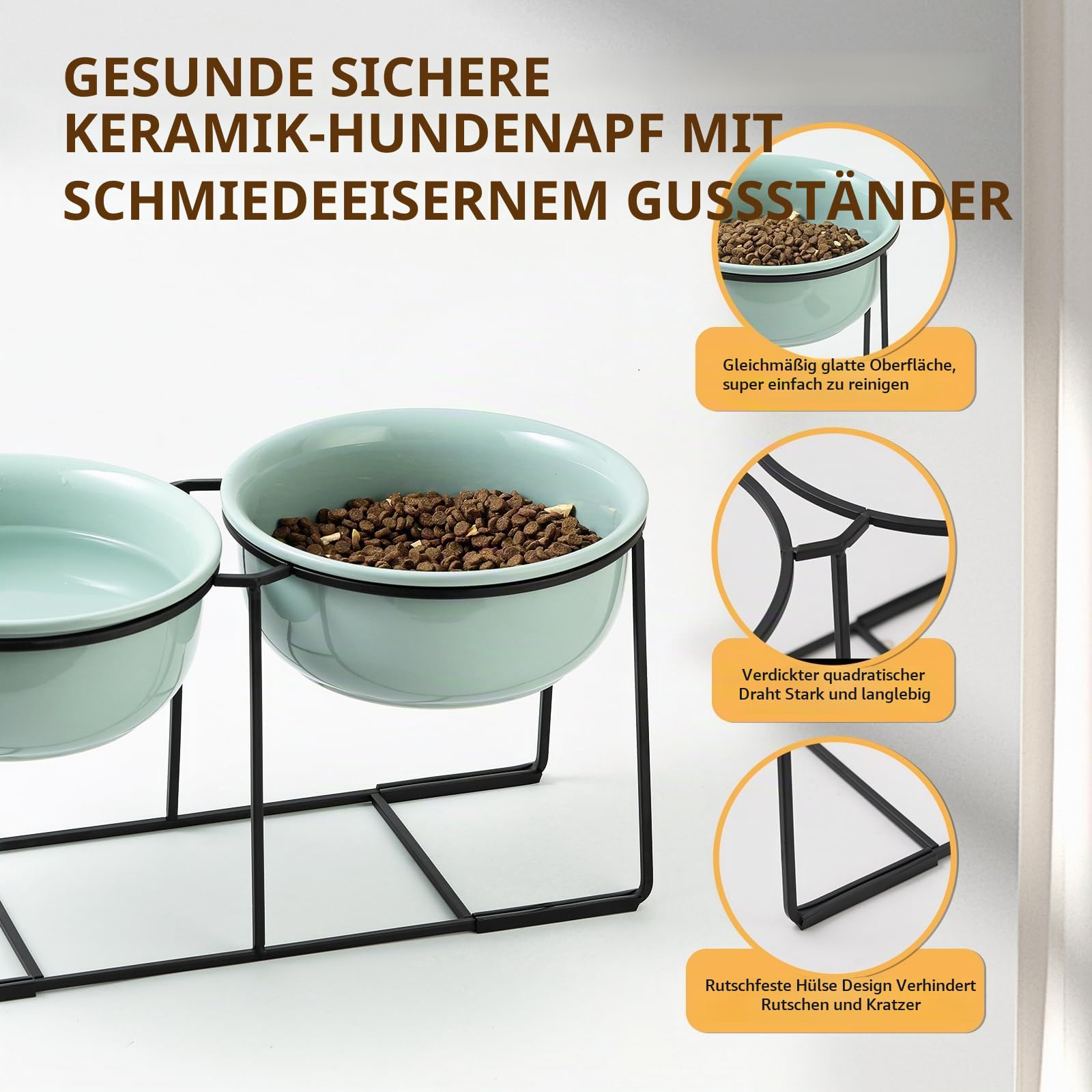 Erhöhter Hundenapf aus Keramik mit Metallständer - Doppelte Näpfe für Futter und Wasser - Fressnapf für mittelgroße Hunde - Grün