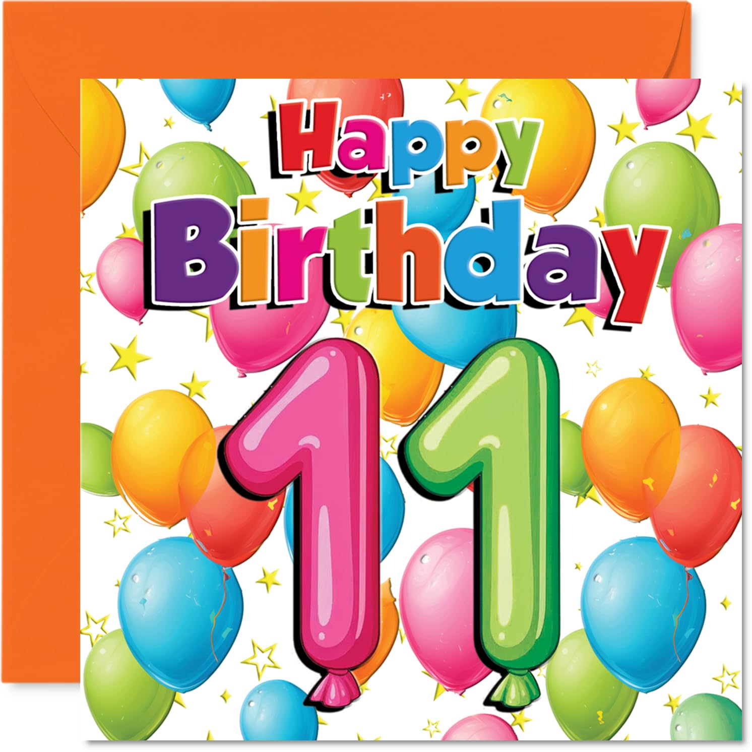 Playful 11th Birthday Card - Bursting with Birthday Fun - Vibrant Balloons and Stars Design - Sure to Make Turning 11 Extra Special - 145mm Square, Envelope Included