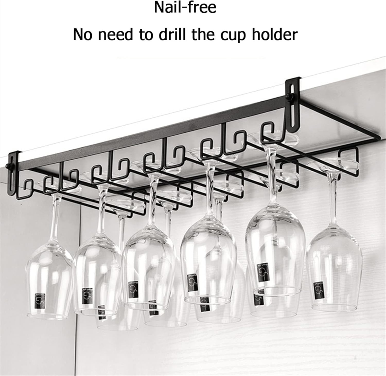 Cup Storage Holder,Adjustable Under Cabinet Wine Glass Rack, Wall Mounted Stemware Holder, Metal Organizer for Kitchen & Home Bar, Stores 4-10 Glasses, Space-Saving Desig,