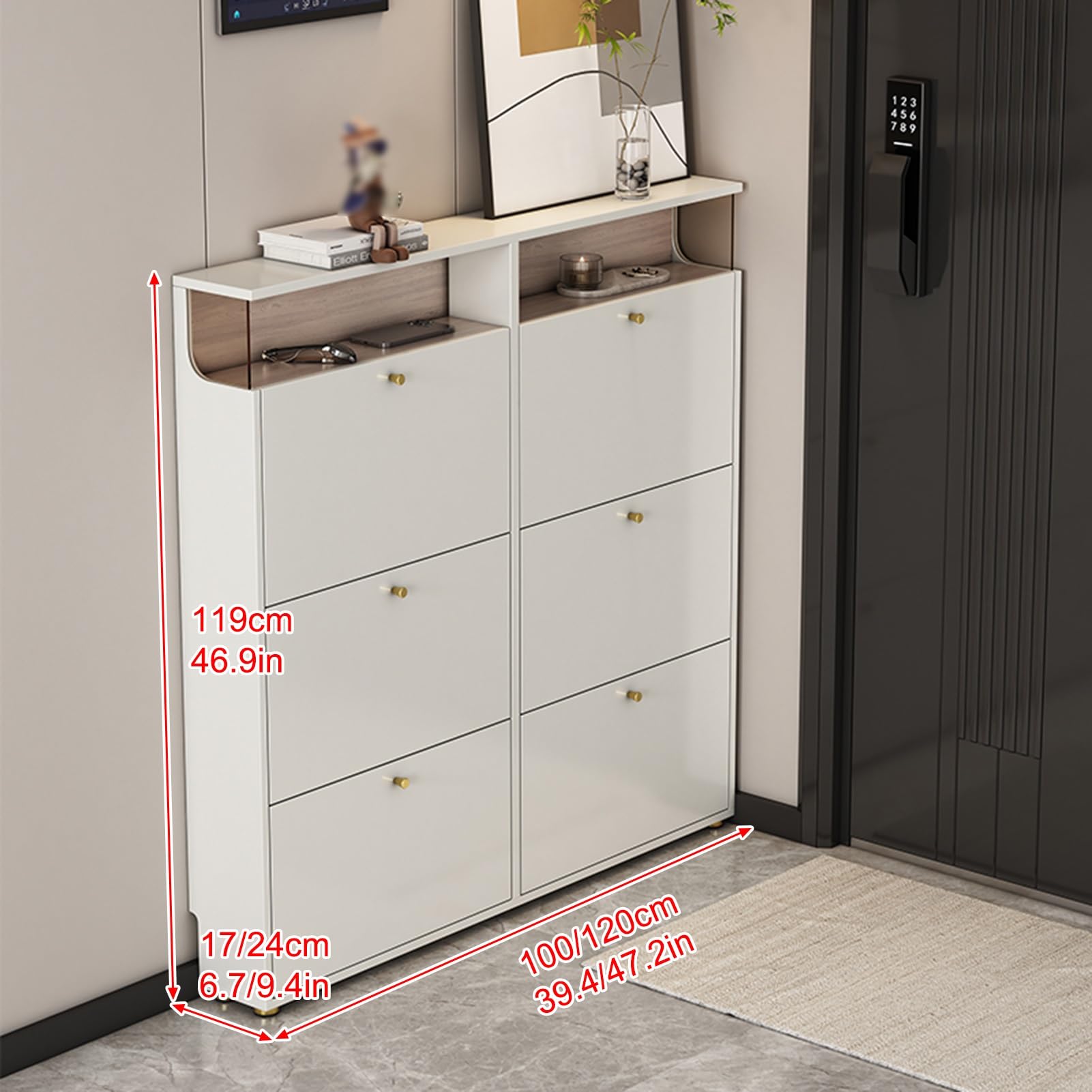 Schuhschrank Mit 6 Klappen, Vertikales Schuhablage, Multifunktional Schuhablage Schuhaufbewahrung, Platzsparend, für Flur, Wohnzimmer, Schlafzimmer(119x100x17cm/46.9x39.4x6.7in)