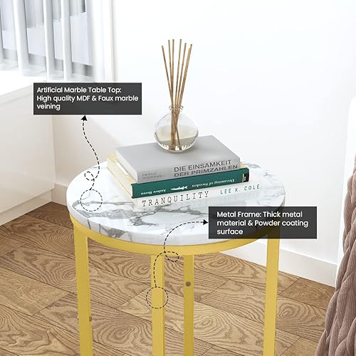 Miniatura 4 de LinkRomat Mesa auxiliar redonda, mesa auxiliar blanca de mármol sintético, mesa esquinera moderna con marco de metal a base de X, mesa auxiliar