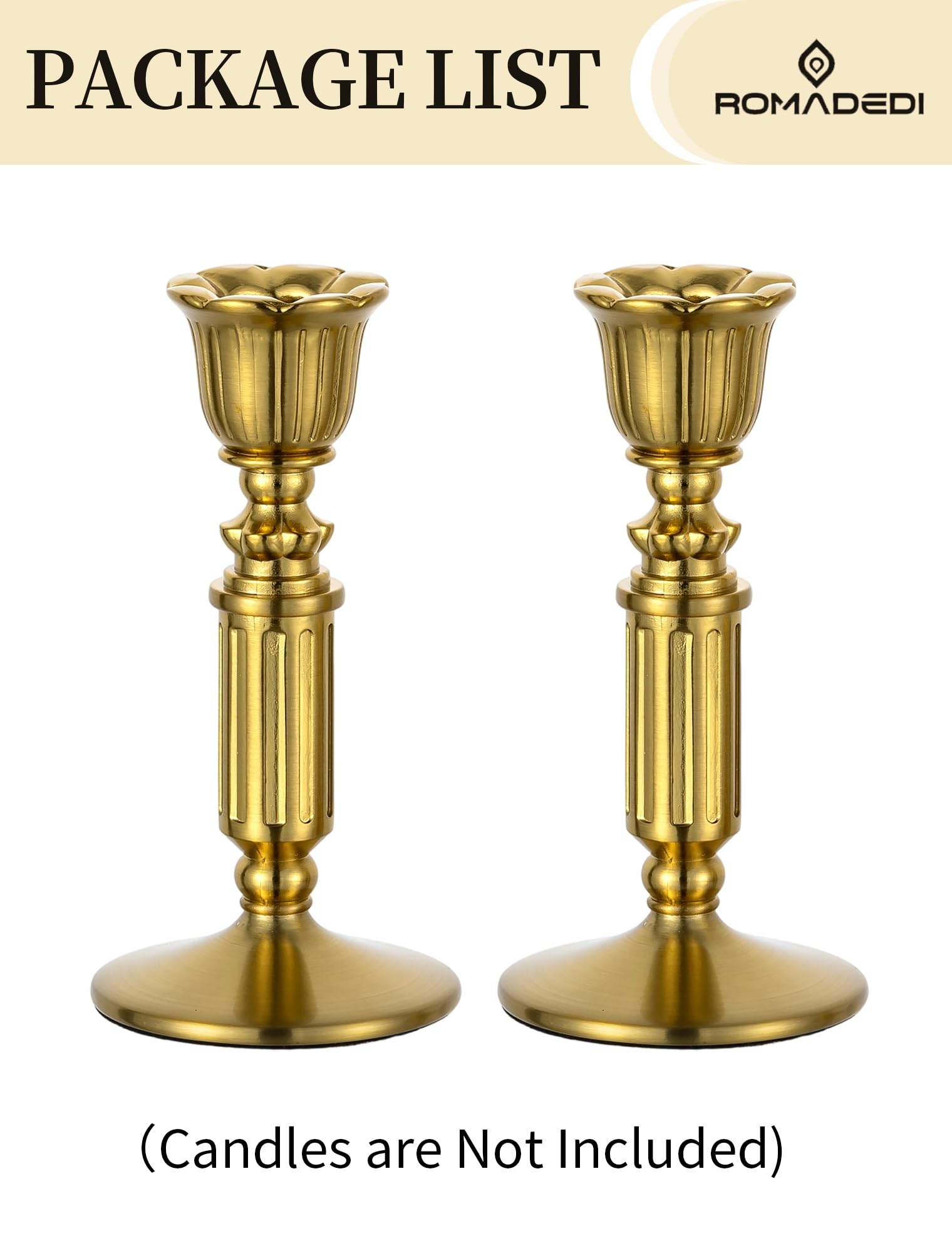 Romadedi Vintage Kerzenständer für Stabkerzen, 6er-Pack, Gold，14cm | Antike Messingoptik; Für Esstisch, Wohnzimmer, Hochzeit, Weihnachten und Adventsdekoration