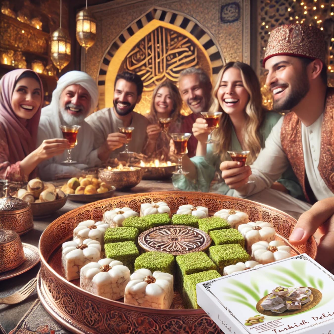 Turkish Ottoman Delight Pistachio Double Turkish Delight (400g | 17.10 oz) - Perfect Ramadan & Eid Gift Box, Ideal for Iftar, Pistachio Flavor - Pack Of 4