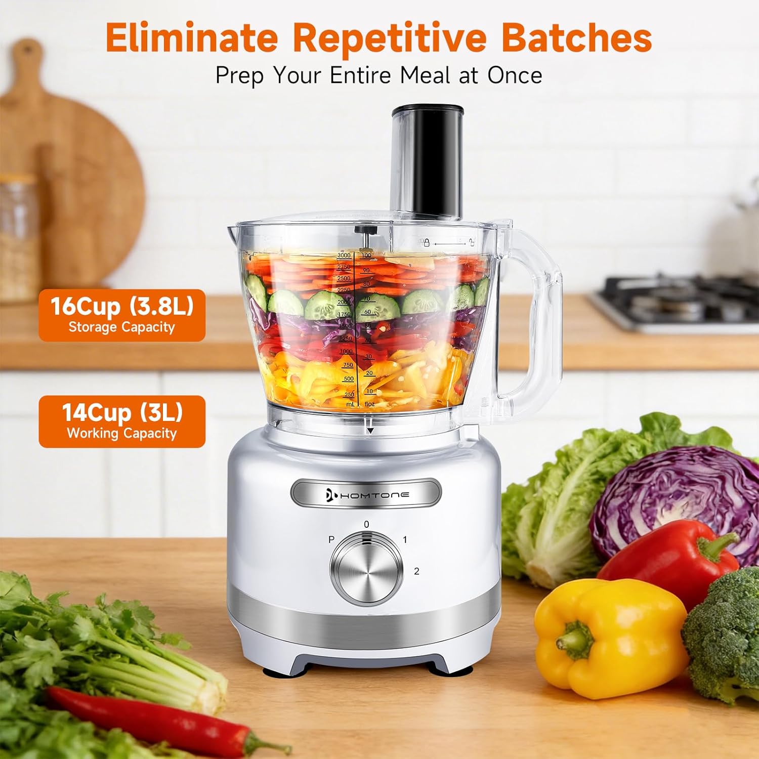 Homtone 16 Cups Food Processor, Large Food Chopper with French Fry Cutter, 9 Functions 7 Blades for Shredding, Slicing, Doughing, Emulsfying and Meat Chopping for Home Use, 3 Speeds, 600W, Sliver