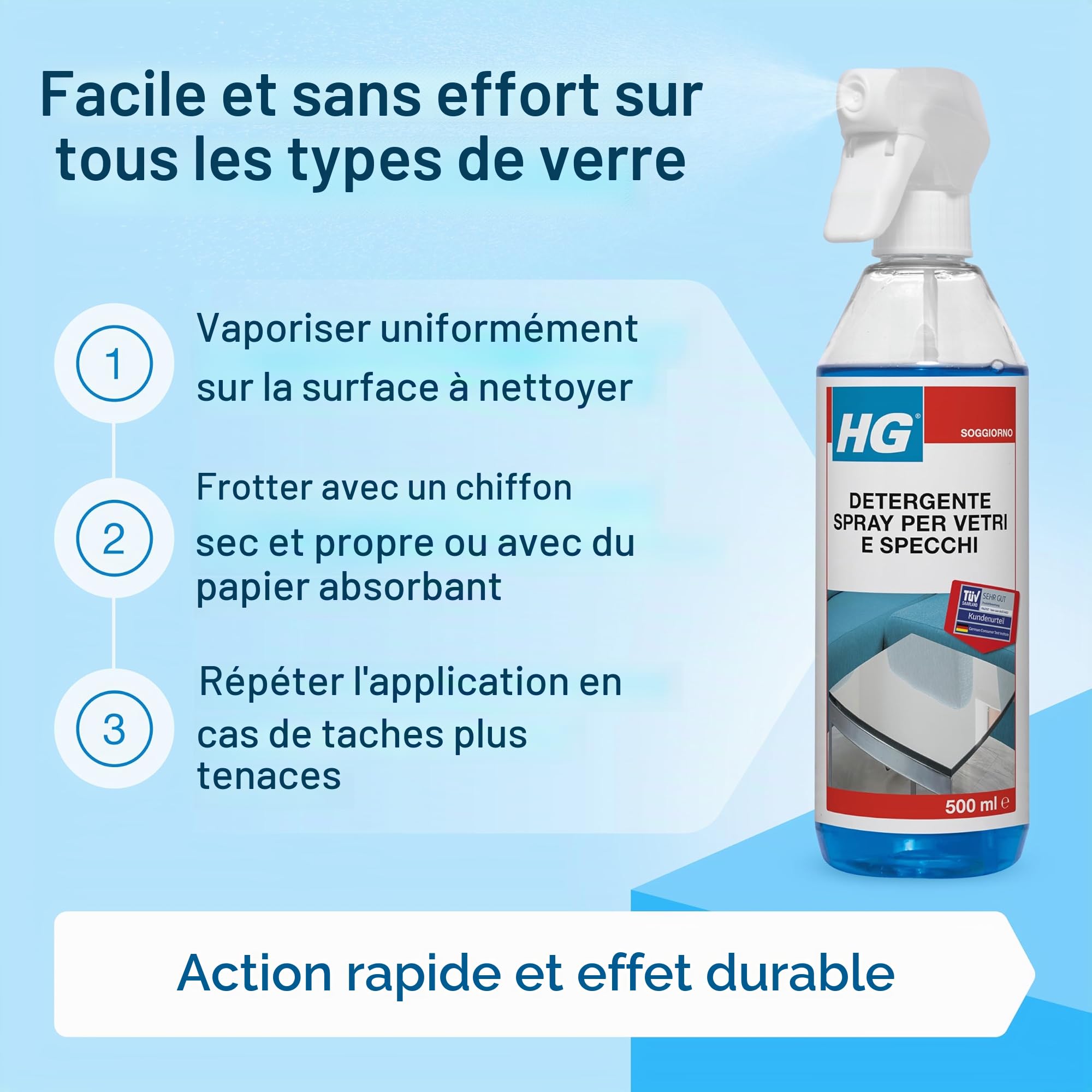 HG Nettoyant spray pour vitres, fenêtres et miroirs, élimine efficacement la graisse et la saleté, 500 ml (142050106)