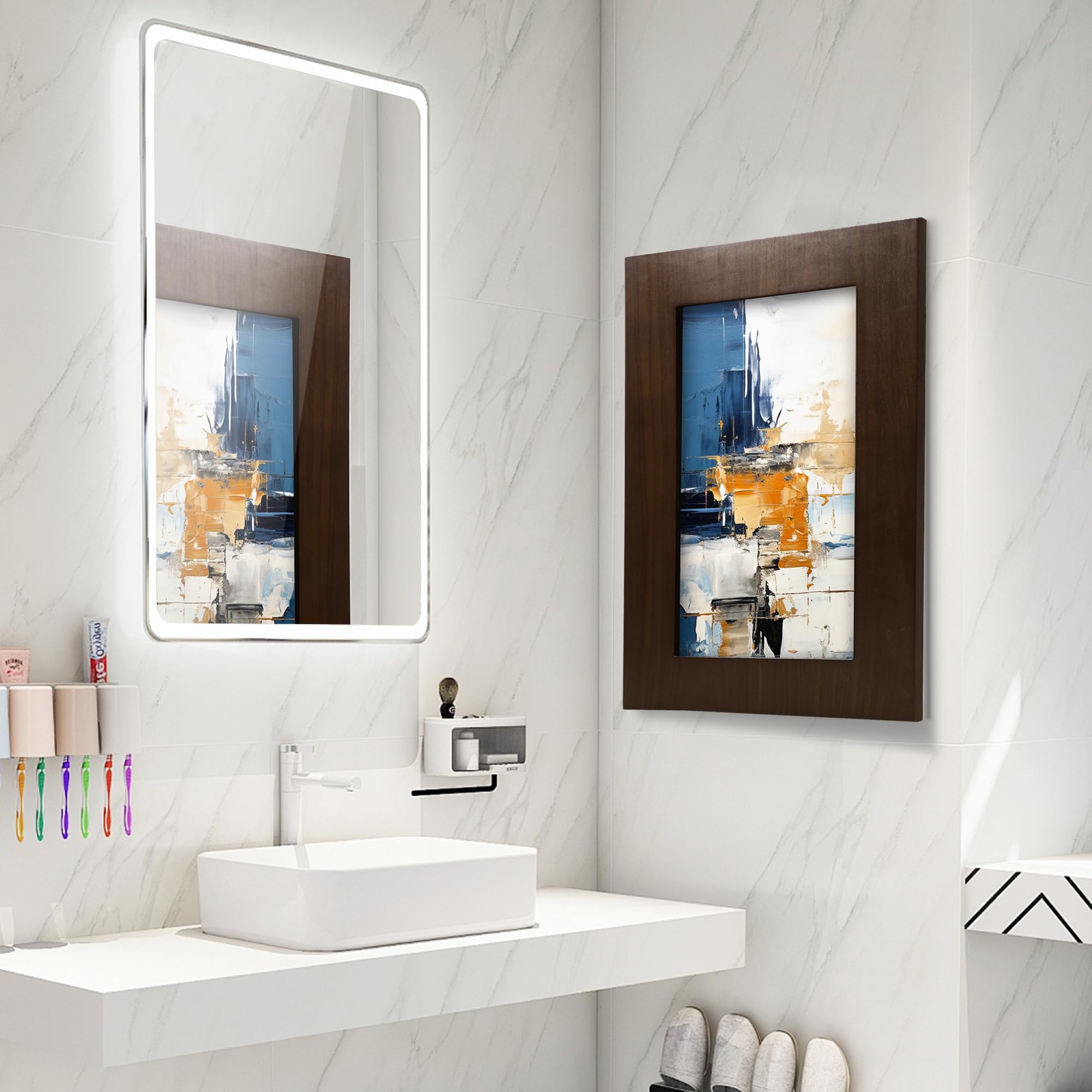 Potter-Island Concealed Medicine Cabinet 14×18 Recessed, Picture Frame Medicine Cabinet, Farmhouse White Wood Frame, 2 Shelves, 100% Handmade, Fully Assembled Wall Niche Insert for Bathroom (Espresso)