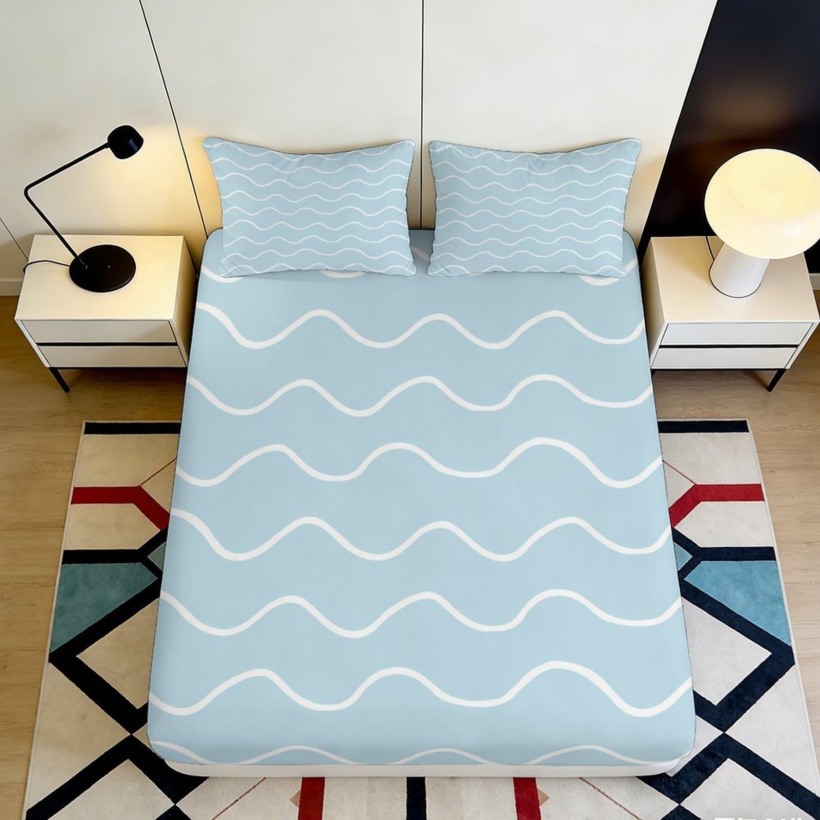 3D Printed Wave Pattern Fitted Sheet Microfiber Deep Pocket Bedroom Bedding Non-Slip Wave Mattress Fitted Cover 160x200x25cm