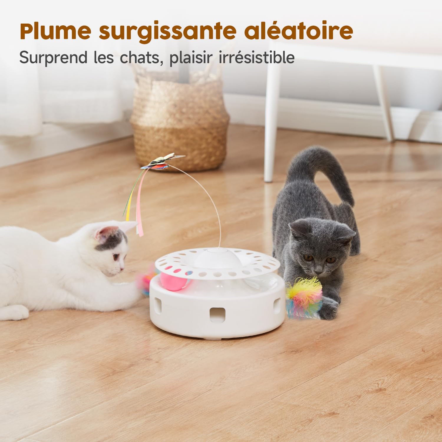 Potaroma Jouet Interactif Automatique 3-en-1 pour Chats d’Intérieur – Plumes Mobiles, Papillon Volant & Balles de Piste, Double Alimentation USB ou Piles
