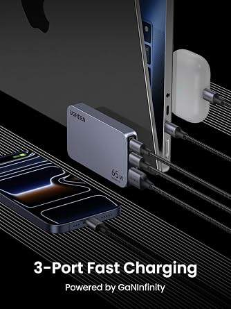 UGREEN Nexode Pro 65W GaN USB C Slim Wall Charger, 3-Port Compact Fast PPS Charger for iPhone 17/16/15 Series, MacBook Air, iPad Pro, Galaxy S25/S24, Pixel 10/9, Steam Deck