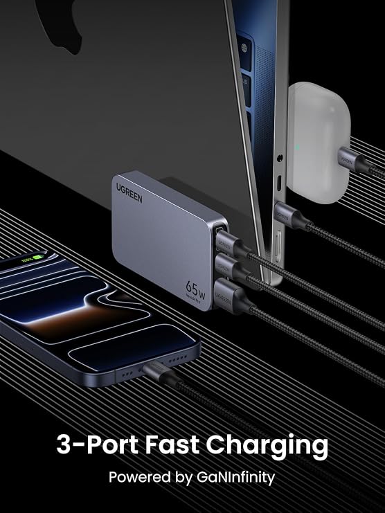UGREEN Nexode Pro 65W GaN USB C Slim Wall Charger, 3-Port Compact Fast PPS Charger for iPhone 17/16/15 Series, MacBook Air, iPad Pro, Galaxy S25/S24, Pixel 10/9, Steam Deck