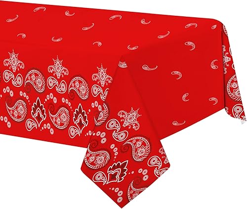PHOGARY Mantel de fiesta occidental de 2 piezas, bandana desechable con temática de vaquero, mantel de plástico con estampado de cachemira roja,