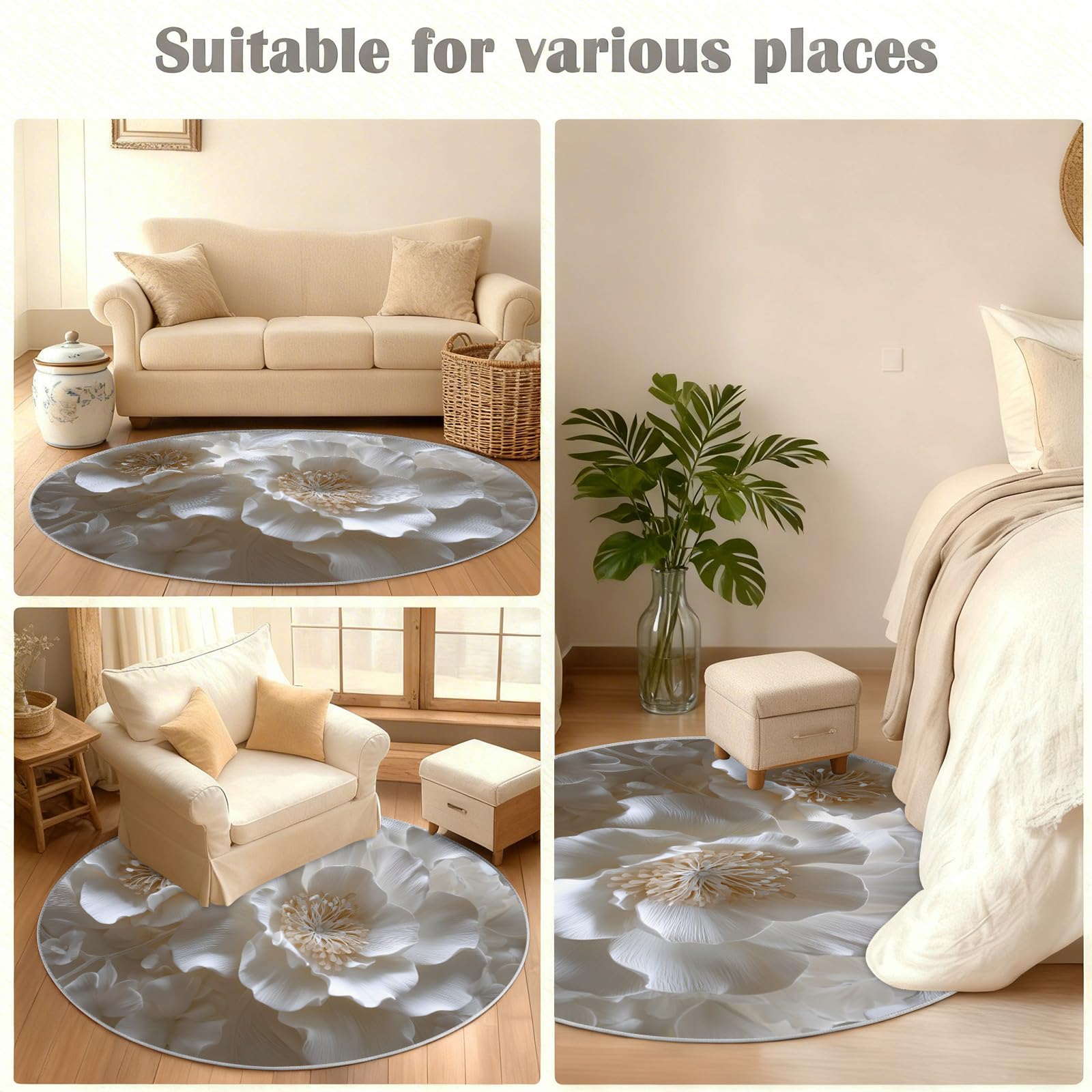 Tapis rond de pivoines blanches 3D de 2 m en relief