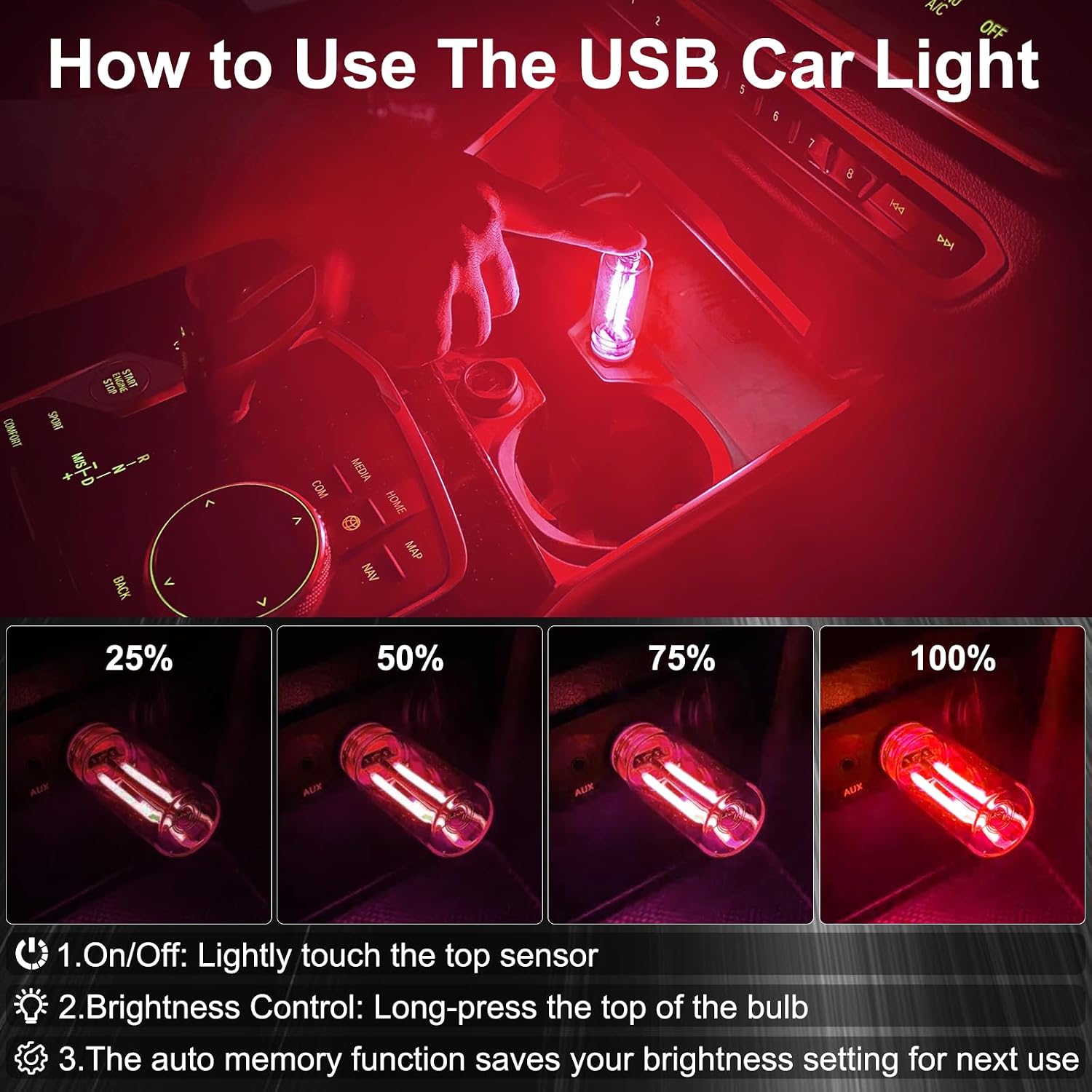 LYCARESUN 2 PCS Car USB Night Light Bulb, Touch Dimmable Car Interior Ambient Lights, Portable Mini USB Retro Glass Bottle Lamp Decorations for Vehicle, Bedroom, Hallway, Camping (Red)