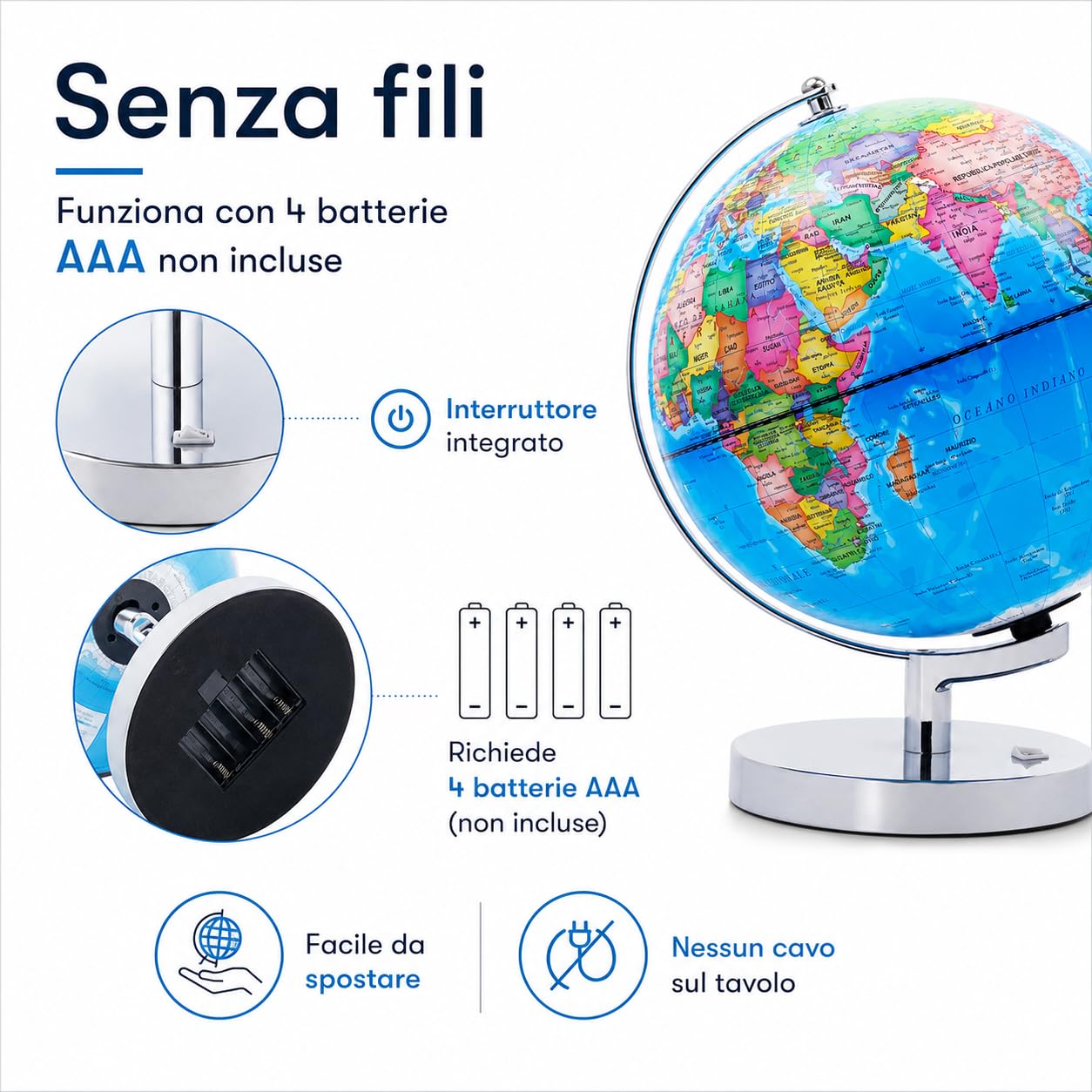 Exerz Mappamondo Illuminato 23cm Mappa Italiana Supporto Metallo LED | Modalità giorno notte con costellazioni senza fili per studio cameretta ufficio bambini dagli 8 anni e regali