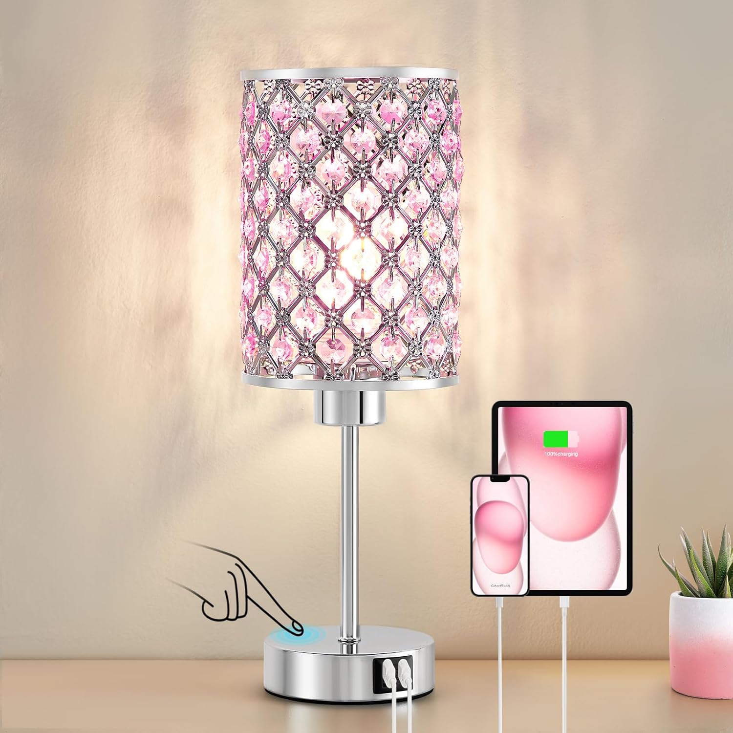 GyroVu Crystal Table Lamp, Pink Touch Lamp with USB C+A Ports, Dimmable Lamp with Crystal Shade, Bedside Lamp Small Lamp for Girl Bedroom, Living Room(Buld Included)