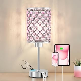 GyroVu Crystal Table Lamp, Pink Touch Lamp with USB C+A Ports, Dimmable ...